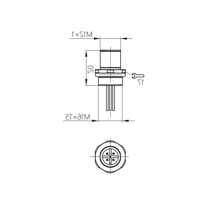 M12 5Pin, straight male, flange socket, board front mounting, suitable for PCB mounting, 64SA61P